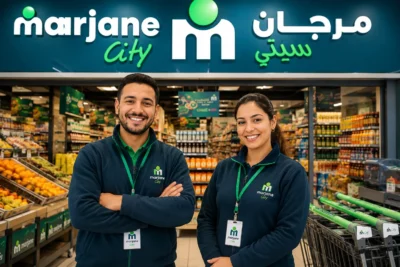 موظفة وموظف أمام متجر مرجان سيتي (الصورة بالذّكاء الاصطناعي)
